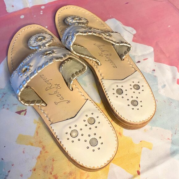 Jack Rogers 1960 White & Silver Metallic Leather woven classic sandal - Picture 2 of 8